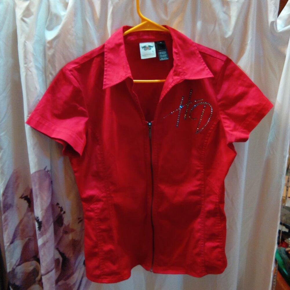 Harley Davidson Red Zip Front Rhinestone Women Med - image 1